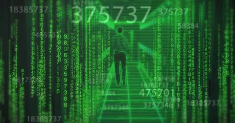 Image of binary coding and data processing over caucasian man by computer Stock Photos