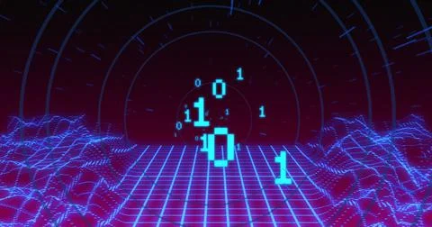 Image of binary coding and digital mountains over circles Stock Illustration