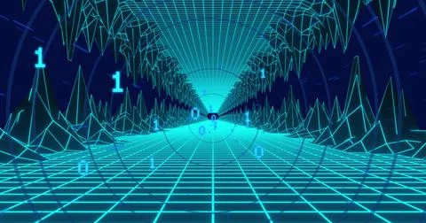 Image of binary coding and digital tunnel over circles Stock Illustration