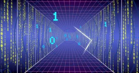 Image of binary coding and digital data processing over computer servers Stock Illustration