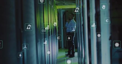 Image of binary coding and digital data processing over computer servers Stock Photos