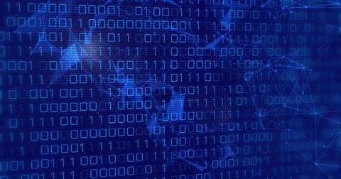 Image of binary coding and digital data processing over connections Stock Photos