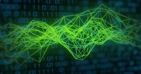 Image of binary coding and digital data processing over connections Stock Photos