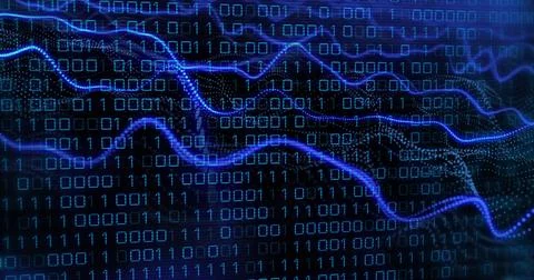 Image of binary coding and digital data processing over black background Stock Photos