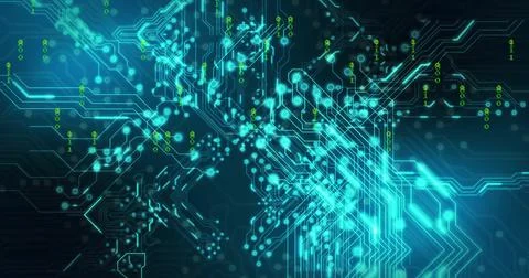 Image of binary coding and digital data processing over computer circuit board Stockfoto's