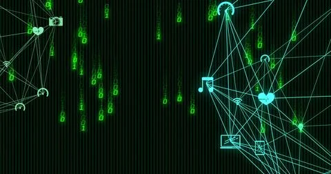 Image of binary coding and digital data processing over globes with icons and 스톡 사진