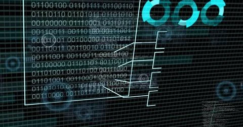 Image of binary coding and digital data processing on black background 스톡 사진