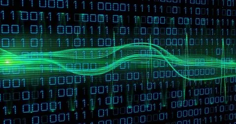 Image of binary coding and digital data processing over black background 스톡 사진