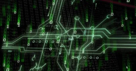 Image of binary coding and digital data processing over black background 库存照片