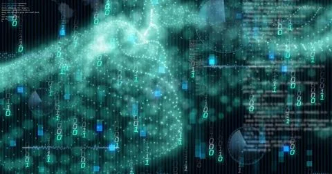 Image of binary coding and digital data processing over black background 库存照片
