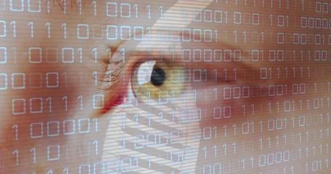 Image of binary coding and dna strand over eye Stock Photos