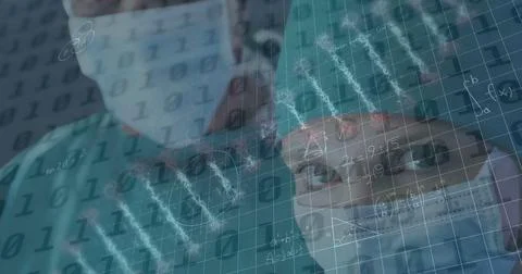 Image of binary coding and dna strand over caucasian nurse with face mask Stock Photos