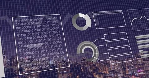 Image of binary coding and financial data processing over city Stock Photos
