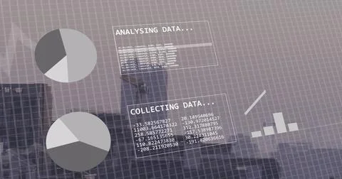 Image of binary coding and financial data processing over city 스톡 사진