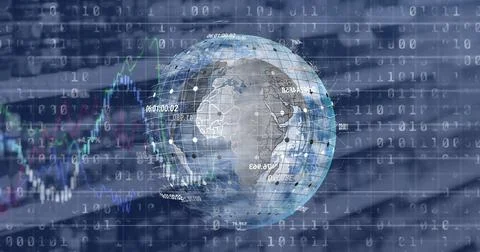 Image of binary coding and financial data processing over spinning globe ag.. Foto stock
