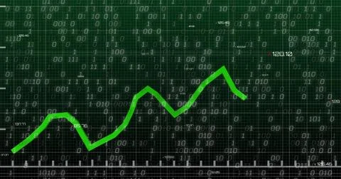 Image of binary coding and financial data processing over dark background 库存照片