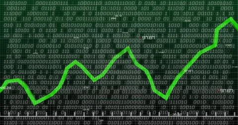 Image of binary coding and financial data processing over dark background 库存照片