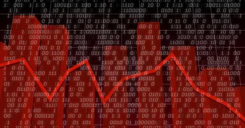 Image of binary coding and financial data processing over dark background Stock-Fotos