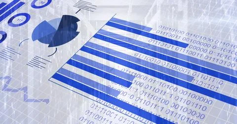 Image of binary coding and financial data processing over computer servers Foto stock