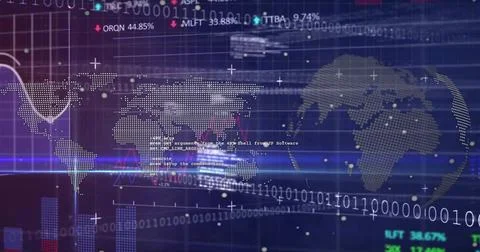 Image of binary coding and financial data processing over world map 写真素材