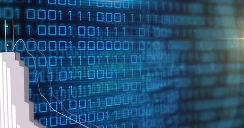 Image of binary coding and financial data processing over dark background 库存照片