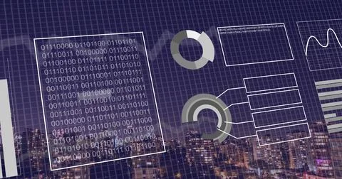 Image of binary coding and financial data processing over city Stock Photos