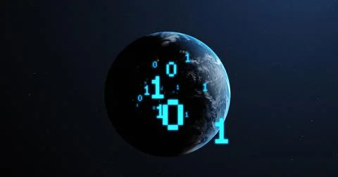 Image of binary coding and globe on black background 스톡 일러스트