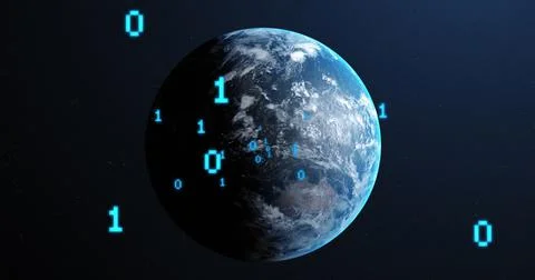 Image of binary coding and globe on black background 스톡 일러스트