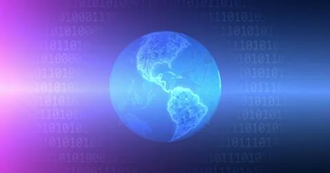 Image of binary coding and globe icon on blue background 스톡 일러스트