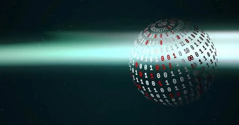 Image of binary coding and globe over light trails Stock Photos