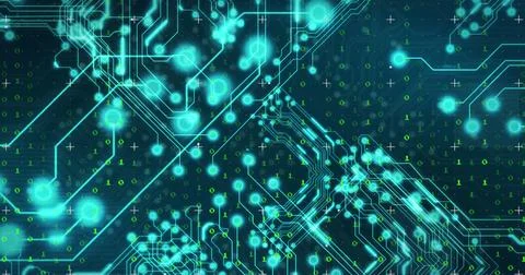 Image of binary coding and glowing microprocessor connections against blue 写真素材