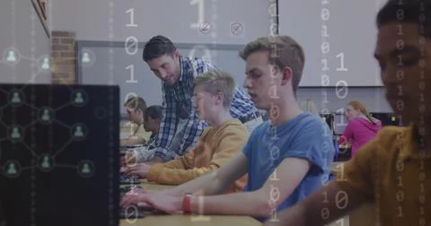 Image of binary coding and icons over diverse students using computers with Stock Photos