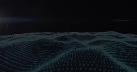 Image of binary coding and light trails over black background Stock Photos