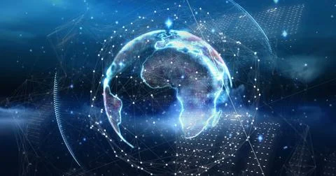 Image of binary coding and light trails over spinning globe against blue ba.. 库存照片