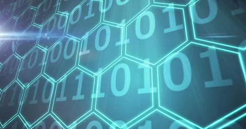 Image of binary coding and network of glowing green hexagons Illustrazione stock