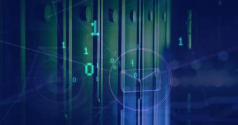 Image of binary coding and network of digital icons against empty computer .. 스톡 사진