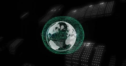 Image of binary coding and network of connections over spinning globe again.. Stock Photos