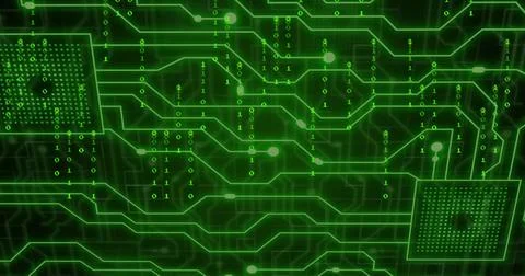 Image of binary coding and network of connections on black background 库存照片