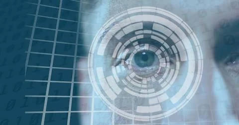 Image of binary coding and scope scanning over caucasian man Stock Illustration