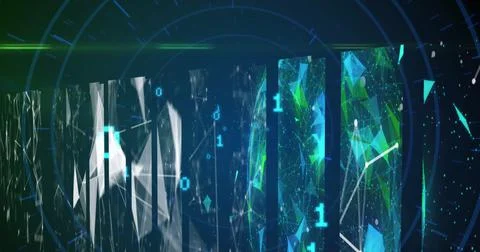 Image of binary coding and shapes on black background 库存插图