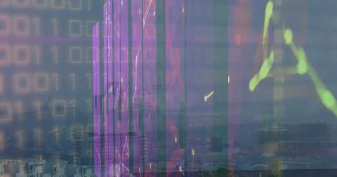 Image of binary coding and shapes over cityscape 库存插图