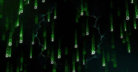 Image of binary coding and shapes on black background Illustrazione stock