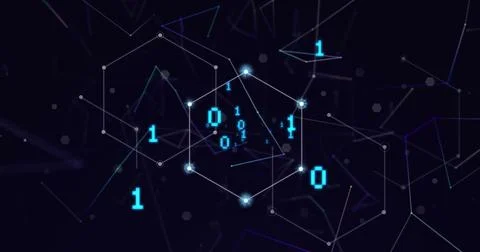 Image of binary coding and shapes on black background 스톡 사진