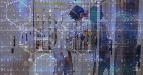 Image of binary coding data over computer servers and tired caucasian female it 写真素材