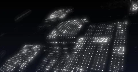 Image of binary coding data processing over screens on black background 스톡 일러스트