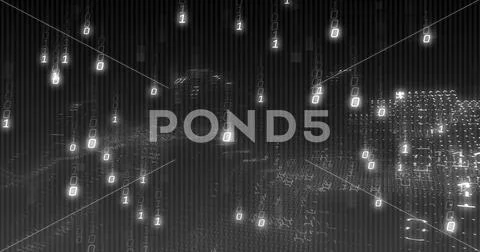 Image of binary coding data processing over waving on black background 스톡 일러스트
