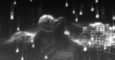 Image of binary coding data processing over waving on black background Stock Illustration