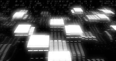 Image of binary coding data processing over screens on black background Stock Illustration
