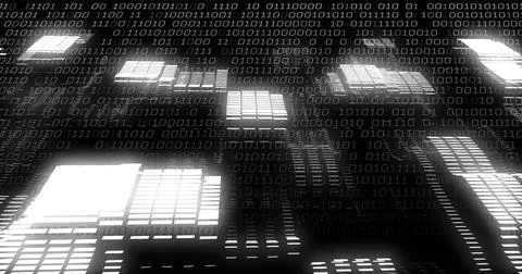 Image of binary coding data processing over screens on black background Stock Illustration