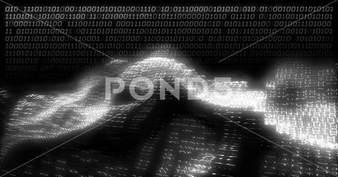 Image of binary coding data processing over waving on black background 스톡 일러스트